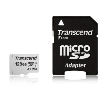 Карта памет 128GB microSDXC с адаптер, Transcend (TS128GUSD300S-A), Class 10 UHS-I U3 V30, скорост на четене 100 MB/s, скорост на запис 40 MB/s image