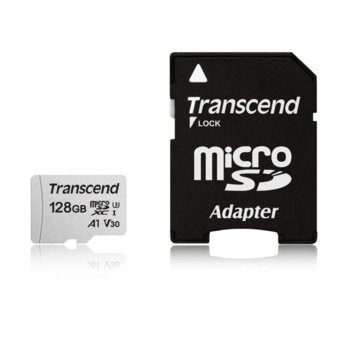 Карта памет 128GB microSDXC с адаптер, Transcend (TS128GUSD300S-A), Class 10 UHS-I U3 V30, скорост на четене 100 MB/s, скорост на запис 40 MB/s | JAR Computers Transcend 128GB microSDXC TS128GUSD300S-A