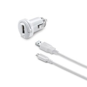 Зарядно за кола Cellularline 3044, от авт. запалка към USB A(ж), 10W/2А, бяло, с включен USB-Micro кабел | JAR Computers Cellularline IT3044 microUSB и кабел 2000mAh