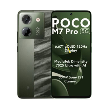 Смартфон Poco M7 Pro 5G (зелен), поддържа 2 SIM карти, 6.67" (16.94 cm) AMOLED 120Hz дисплей, осемядрен Mediatek Dimensity 7025 Ultra 2.5 GHz, 8GB LPDDR4X, 256GB Flash памет (+microSD слот), 50 + 2 & 20 Mpix камери, Android | JAR Computers POCO M7 Pro 5G 8GB/256GB Green MZB0IGXEU