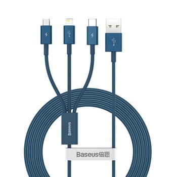 Кабел Baseus Superior 3-in-1 (CAMLTYS-03), от USB A(м) към USB C(м)/Micro USB(м)/Lightning(м), 1.5m, син | JAR Computers Baseus CAMLTYS-03