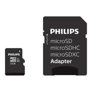 Карта памет 32GB microSDHC с адаптер, Philips FM32MP45B/00, Class 10 U1, V10, скорост на четене до 80MB/s, скорост на запис до 35MB/s | JAR Computers 32GB microSDHC с адаптер Philips FM32MP45B/00