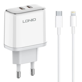 Зарядно устройство LDNIO A2528M, от контакт към 2x USB Type-C (ж), 5V/3.0A, бял, кабел от USB Type-C (м) към Lightning (м), MFi сертификация | JAR Computers зарядно устройство ldnio a2528m 40280