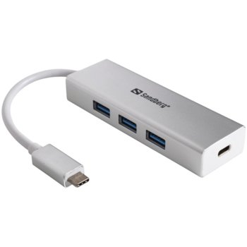 USB Хъб SANDBERG SNB-136-03, 4 порта, от USB Type-C към 1x USB Type-C/3x USB 3.0 Type-A, алуминиев корпус | JAR Computers SANDBERG SNB-136-03 от USB-C към 3 x USB 3.0