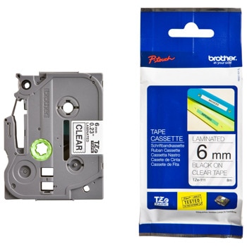 Лента за етикетен принтер Brother тип TZ, бял цвят на прозрачен фон, 6mm x 8m, PN: TZe-111 | JAR Computers Brother TZe-111