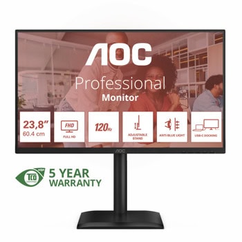 Монитор AOC 24E4CV, 23.8" (60.45 cm) IPS панел, 120Hz, Full HD, 4ms, 20 000 000:1, 300cd/m2, DisplayPort, HDMI, USB, USB-C, LAN | JAR Computers AOC 24E4CV