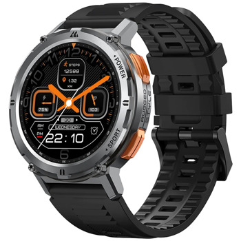 Смарт часовник Kospet Tank T2, 1.43" (3.63cm) AMOLED дисплей, Bluetooth, следене на съня, следене на сърдечен ритъм, SpO2, 70 спортни режима, 5ATM водоустойчивост, IP69K, до 15 дни време на работа, сребрист, черна силиконова каишка | JAR Computers Kospet Tank T2 Silver Black Silicone Band