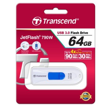 Памет 64GB USB Flash Drive, Transcend JetFlash 790, USB 3.1, бяла | JAR Computers 64GB Transcend JetFlash 790, USB 3.1, бял