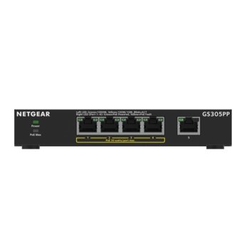 Суич Netgear GS305PP-100PES, 1000Mbps, 5x 10/100/1000Mbps, 4x PoE+ (Up to 83W) | JAR Computers Netgear GS305PP-100PES