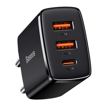 Зарядно устройство Baseus ompact Quick Wall Charger Black (CCXJ-E01), от контакт към 2x USB-A(ж)/ 1x USB-C(ж), 5-20V/1.5-3A, 30W, черно | JAR Computers Baseus Compact Quick Wall Charger Black CCXJ-E01