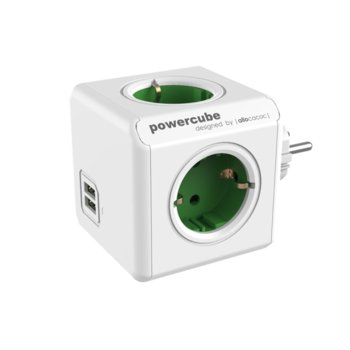 Разклонител Allocacoc Power Cube 1202GN, 4 гнезда, 2x USB, защита от деца, бял/зелен image
