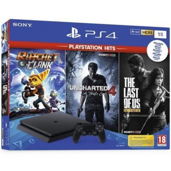 Конзола PlayStation 4 Slim в комплект с 3 игри (RachetandClanc + The Last Of Us + Uncharted 4), 1TB, черна | JAR Computers PS4 1TB SLIM + 3 игри (RandC/TLOU/UC4)