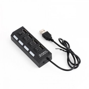 USB Хъб 12053, 4 порта, от USB Type A, към 4x USB 2.0 Type-A, бутони on/off, черен | JAR Computers USB хъб 12053 USB 2.0 4 Порта Черен