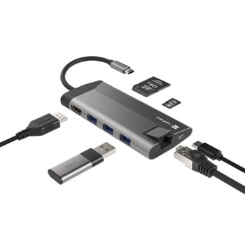 Докинг станция Natec Fowler Plus, от USB-C към 1x USB-C, 3x USB-A, 1x HDMI, 1x RJ45, 1x SD/MicroSD четец, сива | JAR Computers Докинг станция Natec Fowler Plus NMP-1690