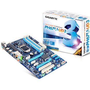 Дънна платка Gigabyte PH67A-UD3, H67, LGA1155, DDR3, 2xPCI-E(CF), SB7.1, Lan1000, SATA RAID 0,1,5,10, 2xSATA 6Gb/s, 2xUSB3.0, ATX | JAR Computers Gigabyte PH67A-UD3