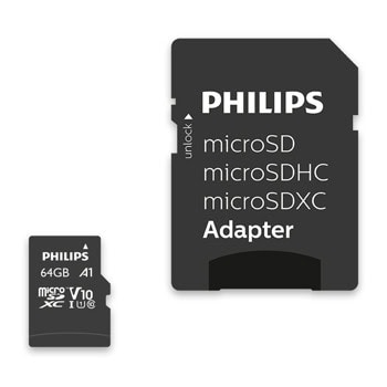 Карта памет 64GB microSDXC с адаптер, Philips FM64MP45B/00, UHS-I U1 V10, скорост на четене до 80MB/s, скорост на запис до 30MB/s | JAR Computers Philips FM64MP45B/00