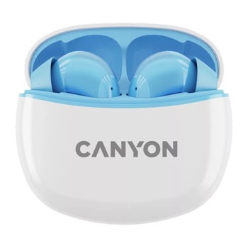Слушалки Canyon TWS-5, безжични, Bluetooth 5.3, микрофон, до 7.5 часа време на работа, кутия за зареждане, IP33 защита, синьо-бели | JAR Computers Слушалки Canyon TWS-5 Blue CNS-TWS5BL