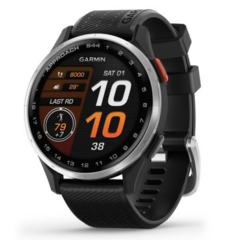 Смарт часовник Garmin Approach S44 Silver Aluminium Black, за голф, 1.2" (30.4mm) AMOLED дисплей, GPS, 4GB Flash памет, функции за голф, жироскоп, акселерометър, 5ATM, до 10 дни време на работа, черна каишка | JAR Computers Garmin Approach S44 Silver Aluminium Black 010-030