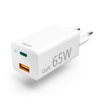Зарядно устройство HAMA Gan 201643, от контакт към 1x USB-C(ж), 1x USB-A(ж), 65W, 20V/3,25A, бяло | JAR Computers зарядно устройство hama gan 201643