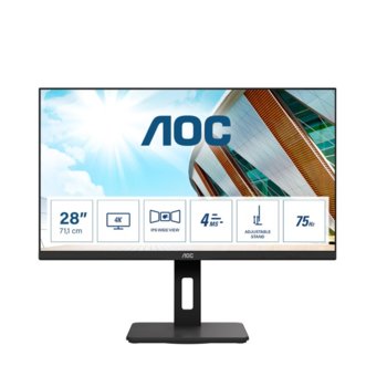 Монитор AOC U28P2A, 28" (71.12 cm) IPS панел, 4K/UHD, 4ms, 50000000 :1, 300 cd/m2, DisplayPort, HDMI, USB 3.2, | JAR Computers Монитор AOC U28P2A