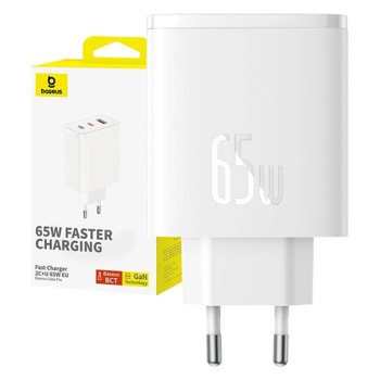 Зарядно устройство Baseus GaN 5 Cube Pro Charger, от контакт към 1x USB-A(ж)/2x USB-C (ж), 20V/3.25A, бяло, 65W | JAR Computers Baseus GaN 5 Cube Pro Charger White P10152301213-0