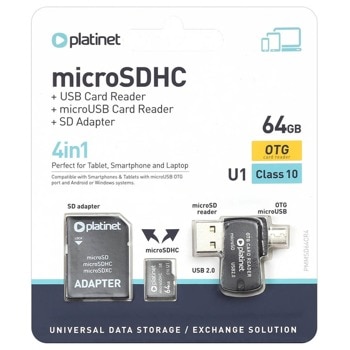 Карта памет 64GB microSD с адаптер + USB 2.0 + USB micro B OTG, Class 10, Platinet 4in1 (PMMSD64CR4) | JAR Computers Platinet PMMSD64CR4