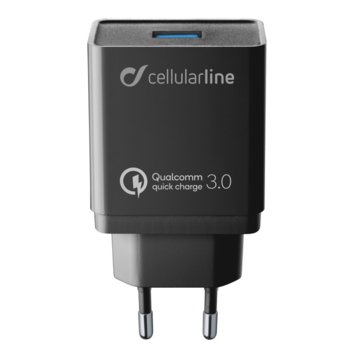 Зарядно устройство Cellular Line, от контакт към 1x USB-A(ж), с кабел USB-A към USB-C, Qualcomm® Quick Charge ™ (max 18W), черно | JAR Computers Зарядно с бързо зареждане и кабел USB-C