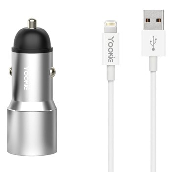 Зарядно устройство за кола Yookie PC4, от автомобилна запалка към 2x USB(ж), 12V, 1.5A, Quick Charge 3.0, Lightning кабел, различни цветове | JAR Computers Yookie PC4 40144