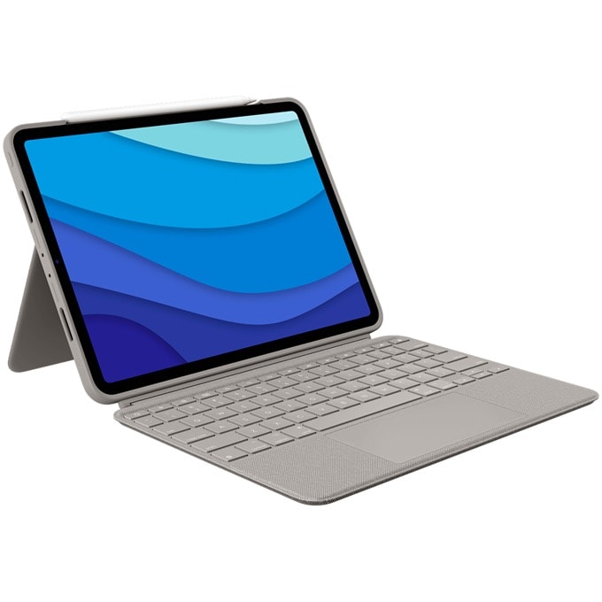 Клавиатура за таблет Logitech Combo Touch Sand (920-010256), съвместима с Apple iPad Pro 11-inch (1st, 2nd, and 3rd generation) с тъчпад, безжична, подсветка, светло сива (920-010256)
