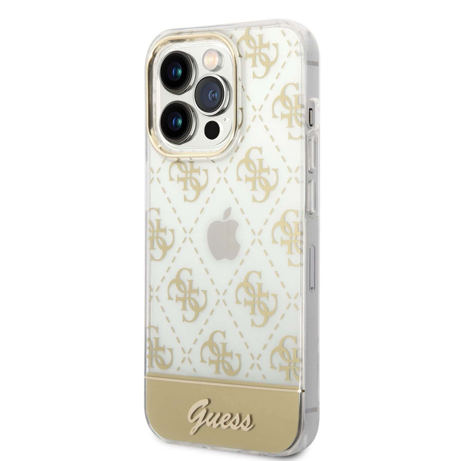 Guess Peony Glitter Script Logo Case - дизайнерски кейс с висока защита за iPhone 14 Pro (златист)