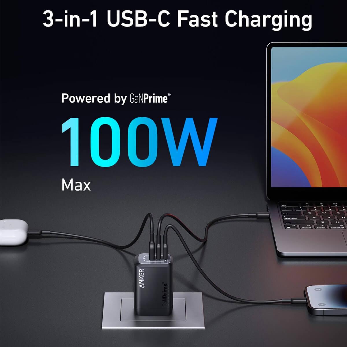 Захранване за ел. мрежа за лаптопи, смартфони и таблети с USB-A и 2xUSB-C изходи с технология за бързо зареждане (черен) - Anker 737 GaN Prime 100W | JAR Computers Захранване за ел. мрежа за лаптопи, смартфони и таблети с USB-A и 2xUSB-C изходи с технология за бързо зареждане (черен) - Anker 737 GaN Prime 100W