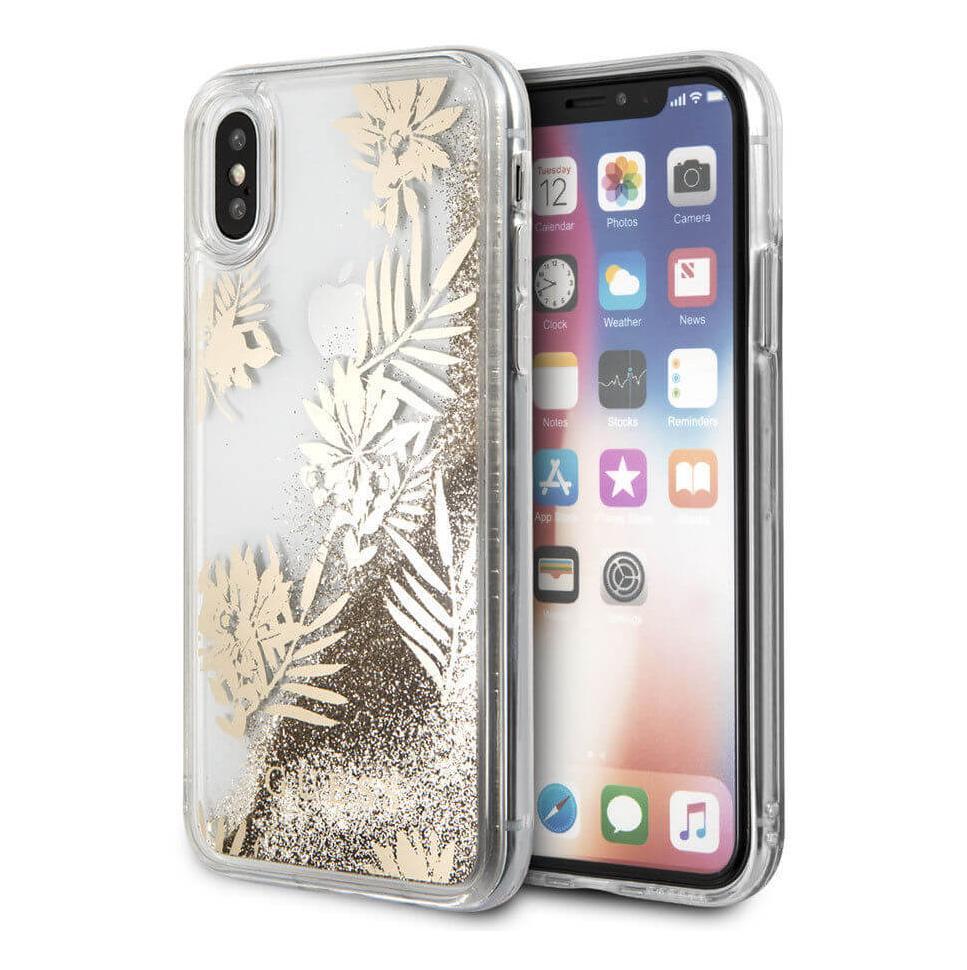 Дизайнерски кейс с висока защита за Apple iPhone XS, iPhone X - Guess Glitter Palm Spring Hard Case (златист-прозрачен) | JAR Computers Дизайнерски кейс с висока защита за Apple iPhone XS, iPhone X - Guess Glitter Palm Spring Hard Case (златист-прозрачен)