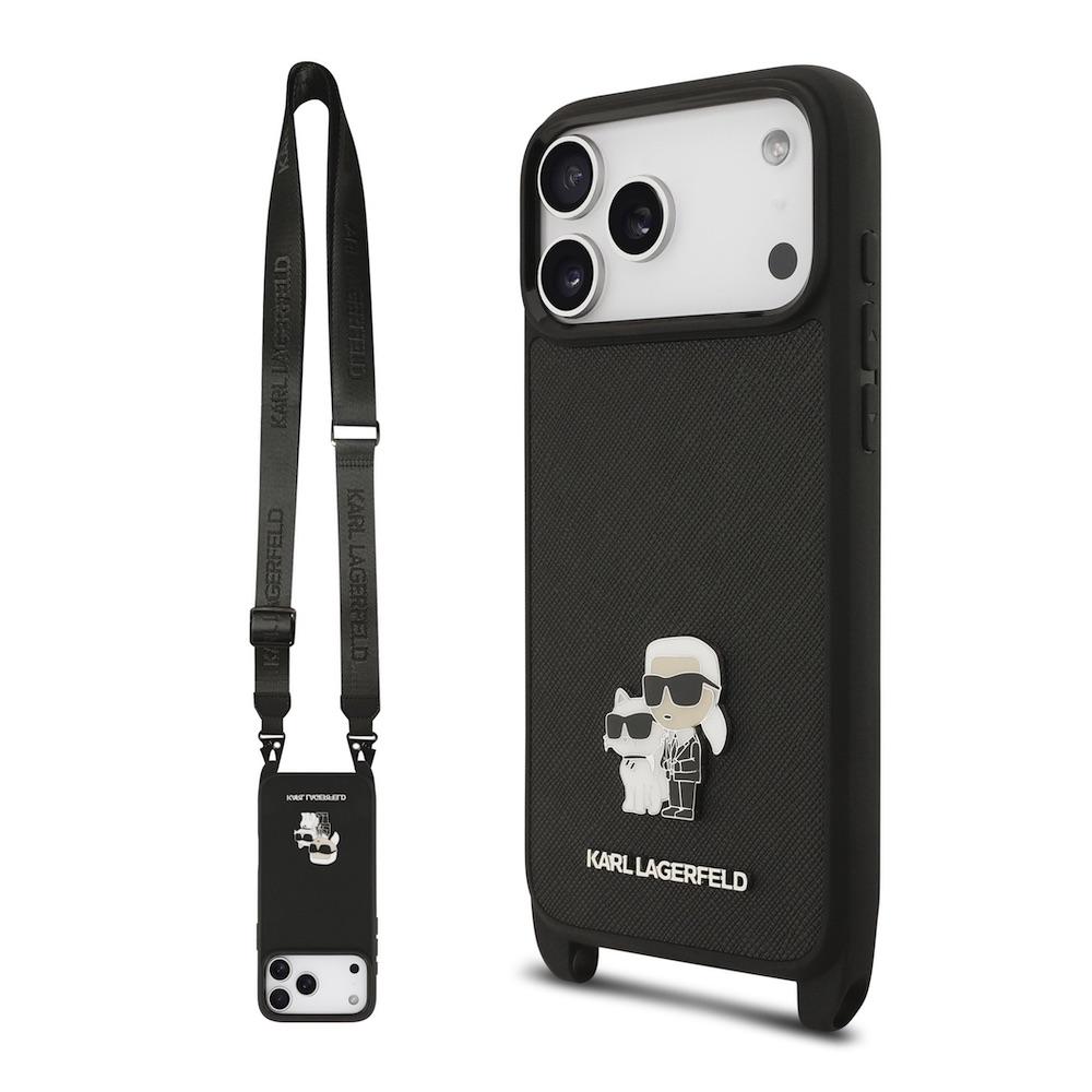 Дизайнерски кожен кейс с връзка за носене за iPhone 17 Prо - Karl Lagerfeld Saffiano Crossbody Metal Karl and Choupette Case (черен) | JAR Computers Дизайнерски кожен кейс с връзка за носене за iPhone 17 Prо - Karl Lagerfeld Saffiano Crossbody Metal Karl and Choupette Case (черен)