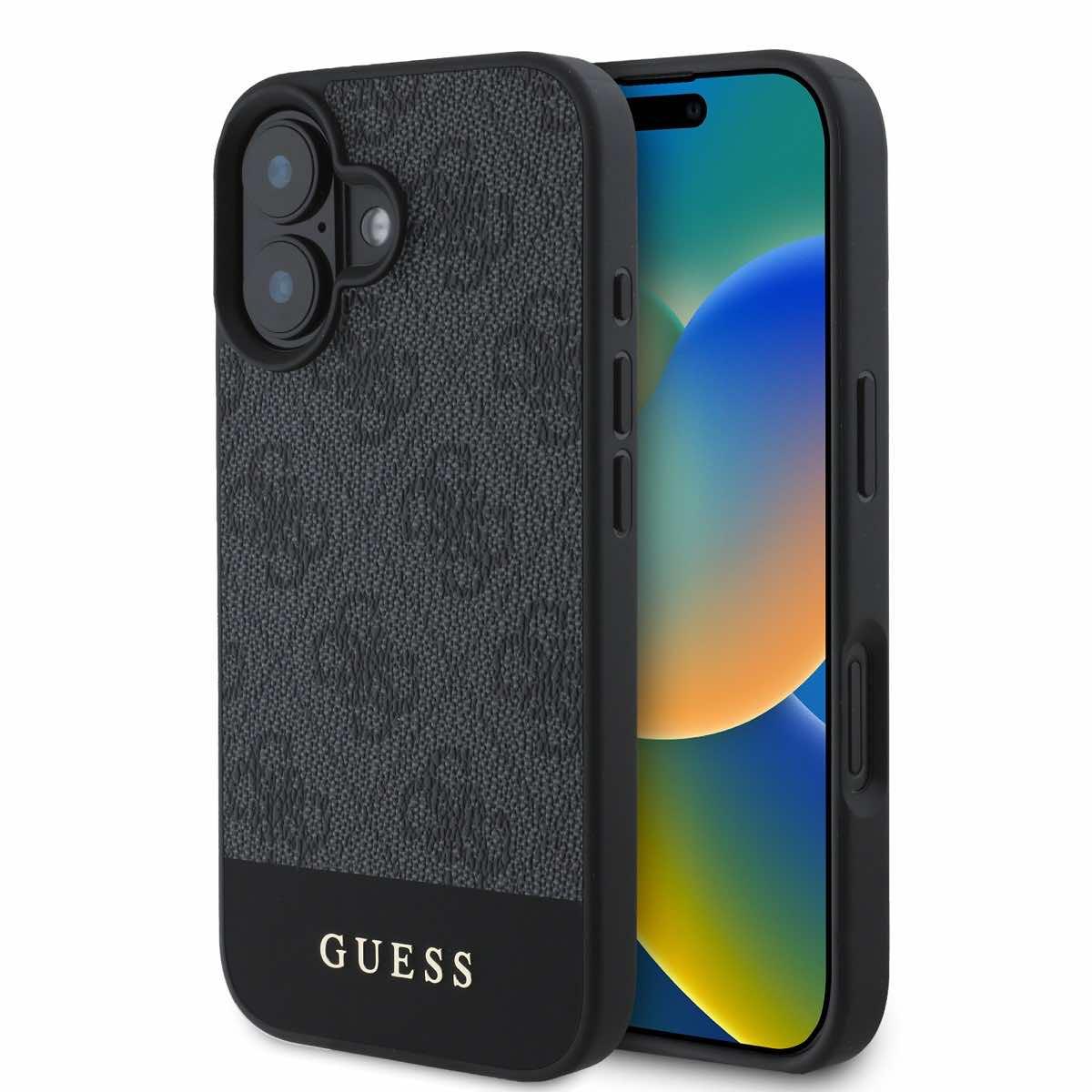 Дизайнерски кожен кейс за iPhone 16 - Guess PU 4G Stripe Leather Hard Case (сив) | JAR Computers Дизайнерски кожен кейс за iPhone 16 - Guess PU 4G Stripe Leather Hard Case (сив)