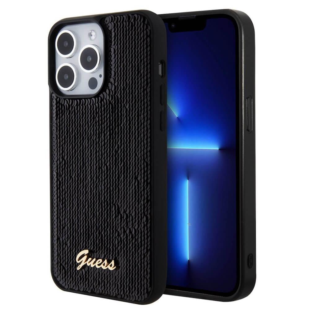 Дизайнерски силиконов кейс за iPhone 15 Pro Max - Guess Sequin Script Logo Case (черен) | JAR Computers Дизайнерски силиконов кейс за iPhone 15 Pro Max - Guess Sequin Script Logo Case (черен)