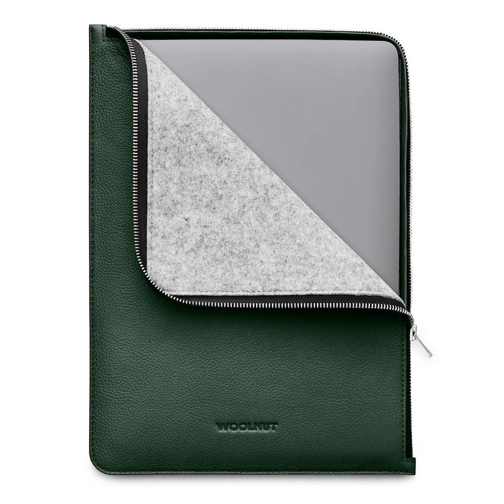 Woolnut Leather Folio Sleeve - луксозен кожен (естествена кожа) калъф с цип за MacBook Pro 14 (зелен)