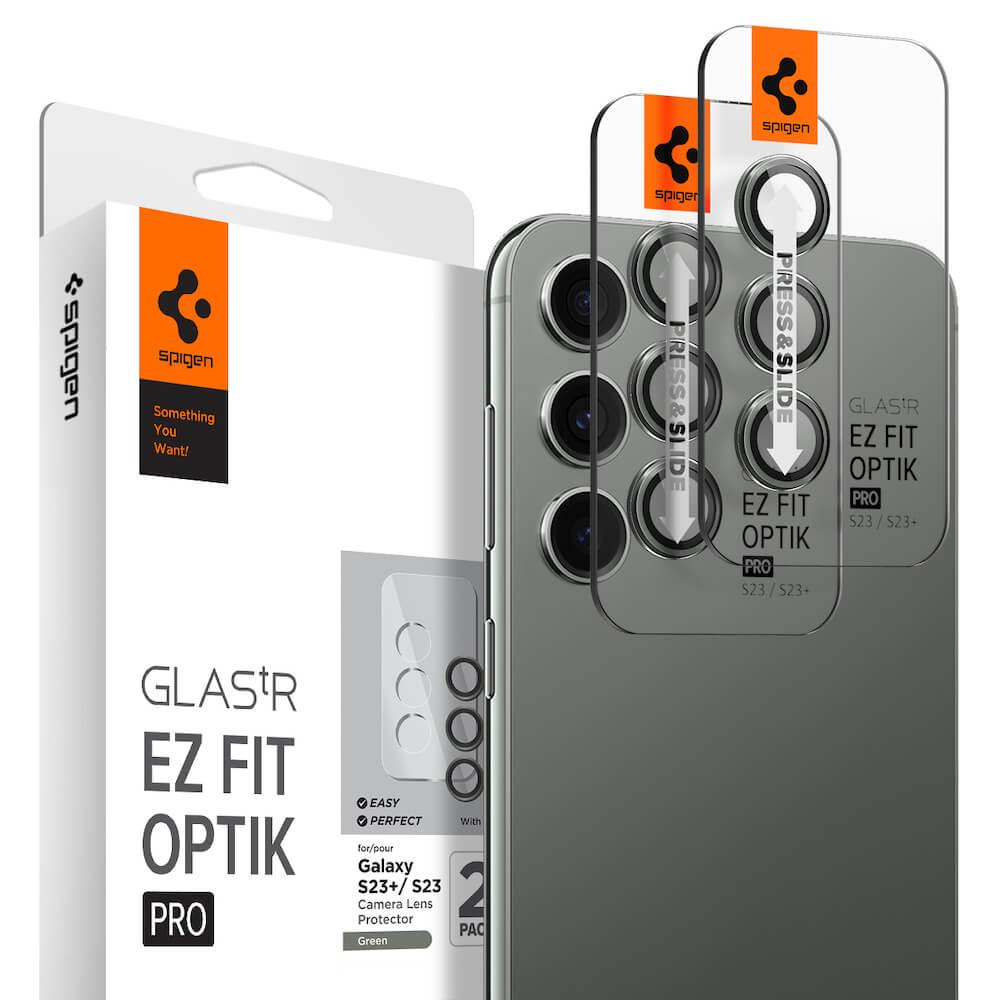 2 комплекта предпазни стъклени лещи за камерата на Samsung Galaxy S23, Galaxy S23 Plus - Spigen Optik Pro tR Ez Fit Lens Protector 2 Pack (тъмнозелен) | JAR Computers 2 комплекта предпазни стъклени лещи за камерата на Samsung Galaxy S23, Galaxy S23 Plus - Spigen Optik Pro tR Ez Fit Lens Protector 2 Pack (тъмнозелен)