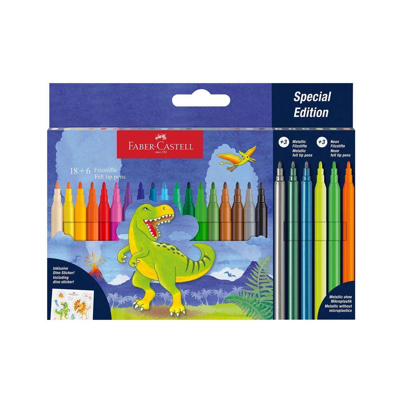Faber-Castell Флумастери Динозавър, 18 стандартни, 3 металикови и 3 неонови цвята | JAR Computers Faber-Castell Флумастери Динозавър, 18 стандартни, 3 металикови и 3 неонови цвята