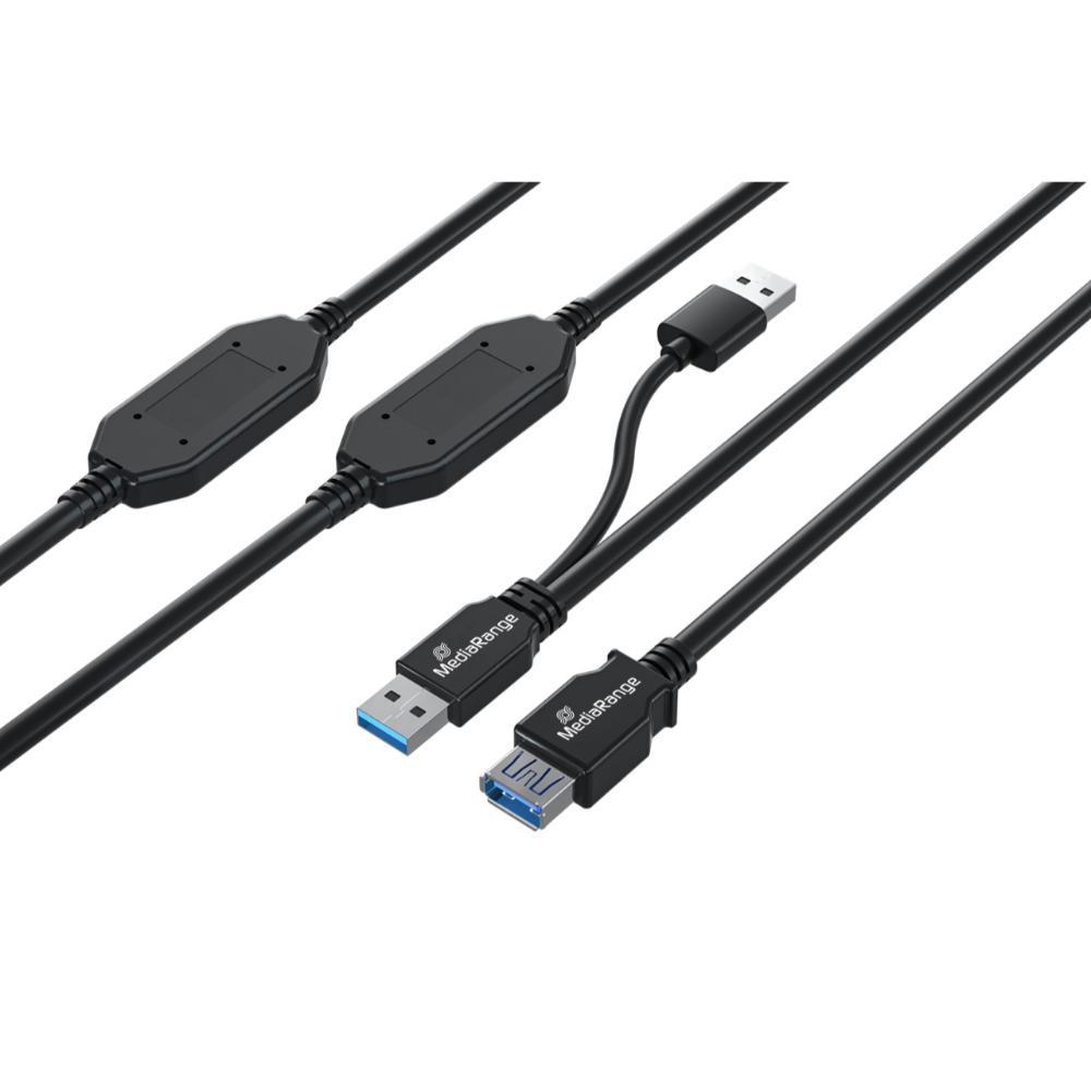 MediaRange Active USB Extension Cable, 2x USB-A Plug to 1x USB-A Socket, 2x Repeater, USB 3.0, 5 Gbps Data Transfer Rate, 15m, Black (MRCS244) | JAR Computers MediaRange Active USB Extension Cable, 2x USB-A Plug to 1x USB-A Socket, 2x Repeater, USB 3.0, 5 Gbps Data Transfer Rate, 15m, Black (MRCS244)