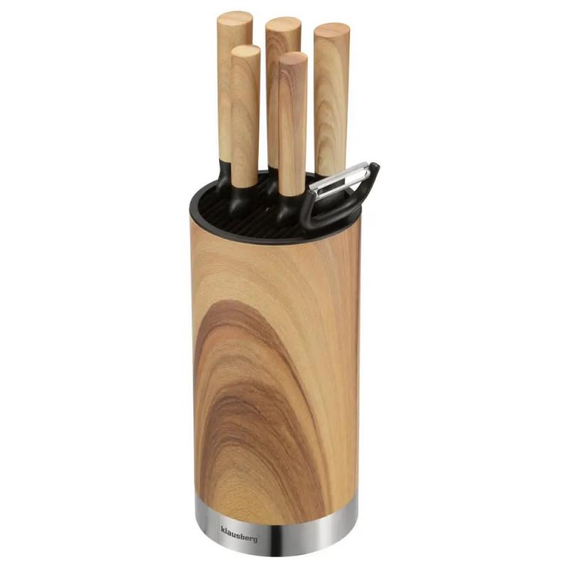 Комплект кухненски ножове Klausberg KB 9036, 7 ч, Неръждаема стомана, Дървесен ефект, Стойка, Кафяв