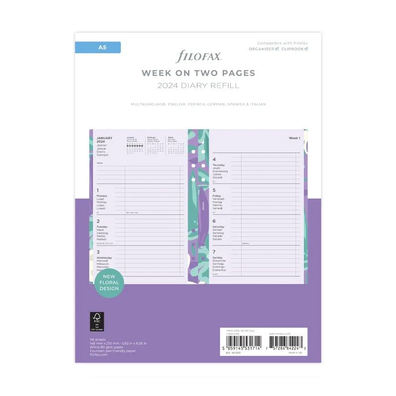 Filofax Пълнител за органайзер Floral, А5, за 2024 година, 1 седмица на 2 страници | JAR Computers Filofax Пълнител за органайзер Floral, А5, за 2024 година, 1 седмица на 2 страници