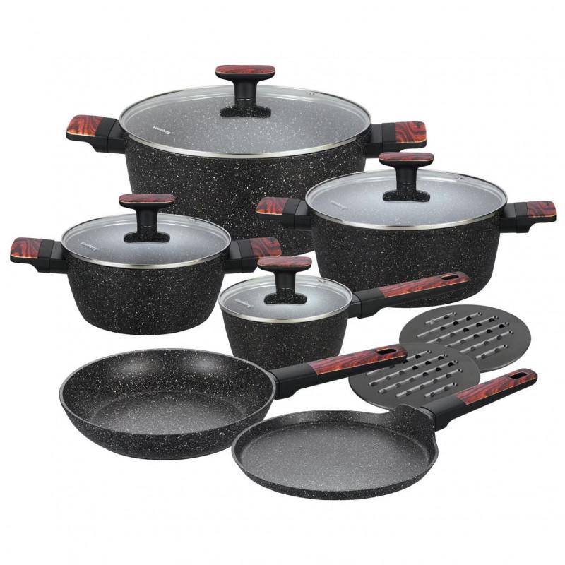 Комплект тенджери и тигани Klausberg KB 7831, 12 ч, Отливка, Мраморно покритие, Индукция, Черен | JAR Computers Комплект тенджери и тигани Klausberg KB 7831, 12 ч, Отливка, Мраморно покритие, Индукция, Черен