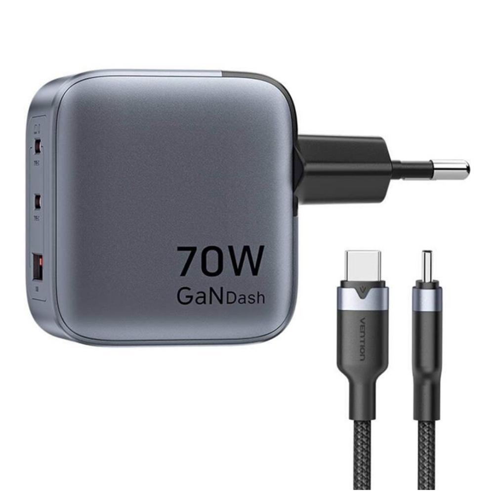 VENTION 3-Port USB (C+C+A) GaN Charger (70W/70W/22.5W) Gray with USB-C to USB-C Cable (1M) Black EU-Plug (TZ-FEXH0-EU) (VENTZ-FEXH0-EU) | JAR Computers VENTION 3-Port USB (C+C+A) GaN Charger (70W/70W/22.5W) Gray with USB-C to USB-C Cable (1M) Black EU-Plug (TZ-FEXH0-EU) (VENTZ-FEXH0-EU)
