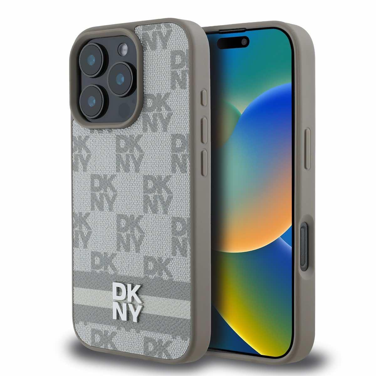 Дизайнерски кожен кейс за iPhone 16 Pro - DKNY PU Leather Checkered Pattern and Stripe Leather Hard Case (бежов) | JAR Computers Дизайнерски кожен кейс за iPhone 16 Pro - DKNY PU Leather Checkered Pattern and Stripe Leather Hard Case (бежов)