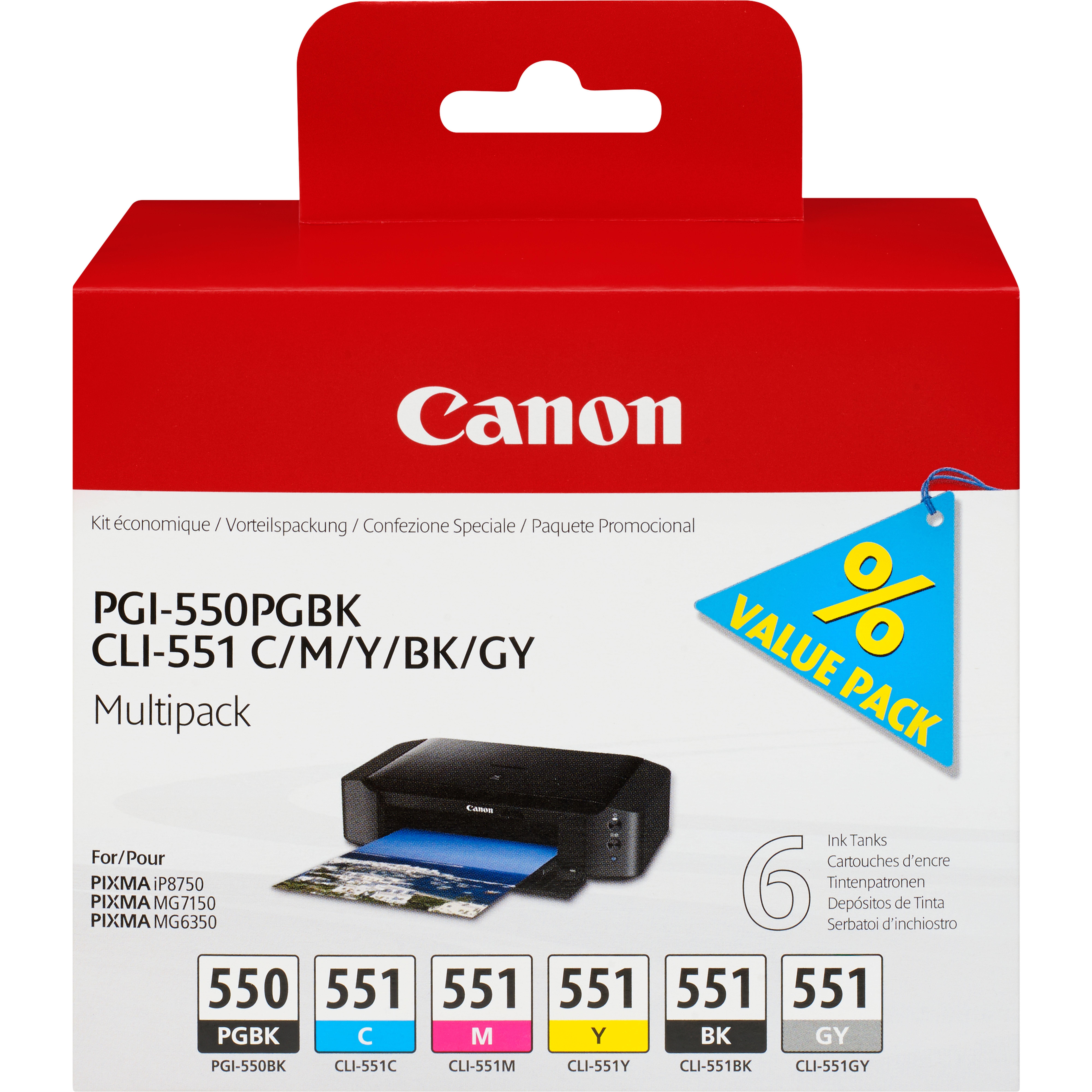 Комплект 6 глави за Canon Pixma MG7100/IP8700/MG6300 Series - Ink - PGI550 (PGI-550) / CLI551 (CLI-551) / 6496B005 - BK/C/M/Y/GY - Multipack - PN 6496B005 | JAR Computers Комплект 6 глави за Canon Pixma MG7100/IP8700/MG6300 Series - Ink - PGI550 (PGI-550) / CLI551 (CLI-551) / 6496B005 - BK/C/M/Y/GY - Multipack - PN 6496B005