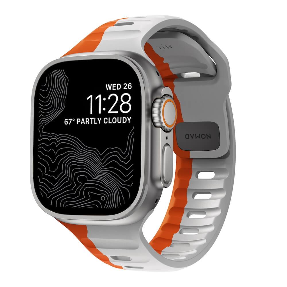 Силиконова каишка за Apple Watch 42мм, 44мм, 45мм, 46мм, Ultra, Ultra 2 49мм - Nomad Sport Band (сив-оранжев) | JAR Computers Силиконова каишка за Apple Watch 42мм, 44мм, 45мм, 46мм, Ultra, Ultra 2 49мм - Nomad Sport Band (сив-оранжев)