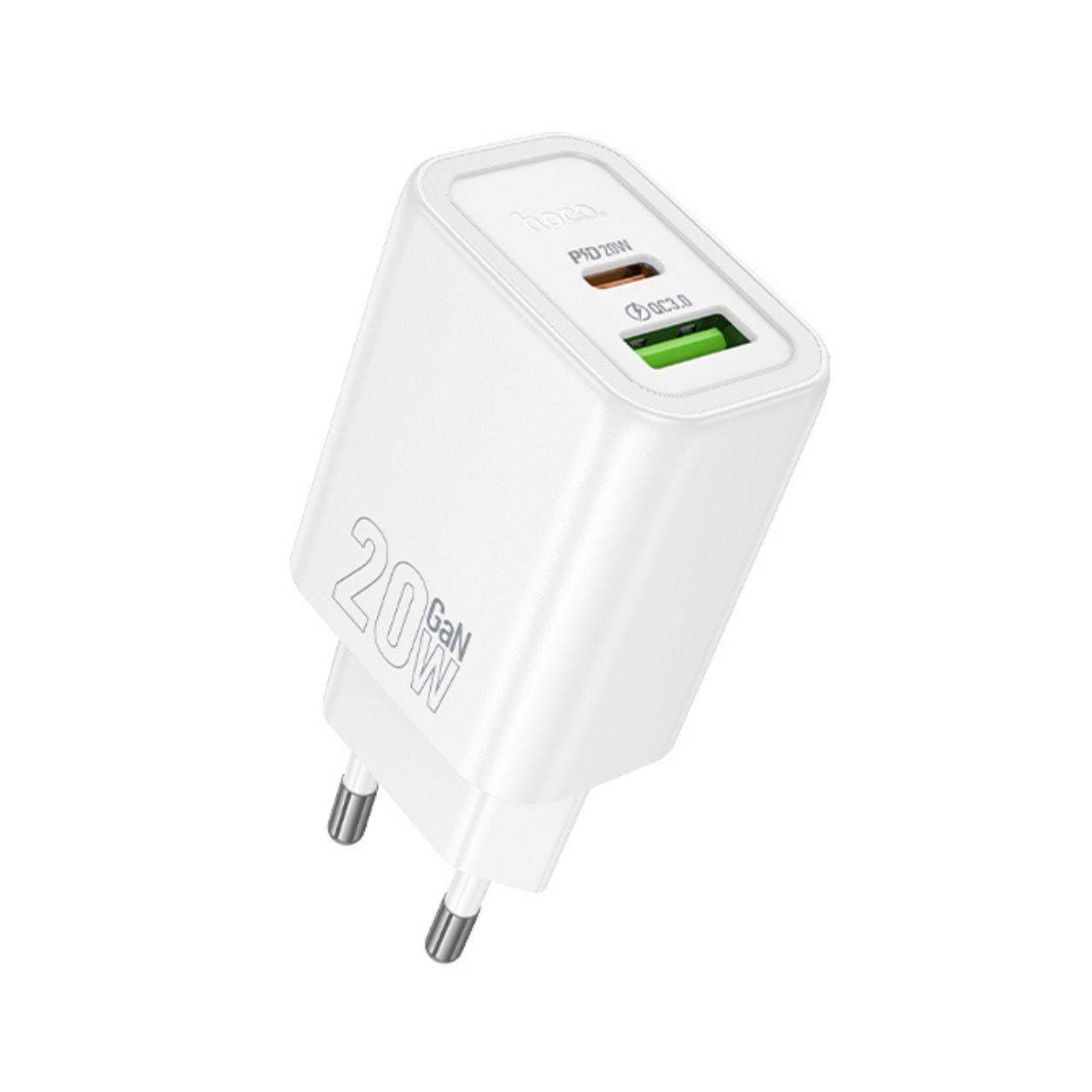 HOCO 220V 20W, GaN, USB-A + USB-C, Gentle /бял/ - N61 | JAR Computers HOCO 220V 20W, GaN, USB-A + USB-C, Gentle /бял/ - N61