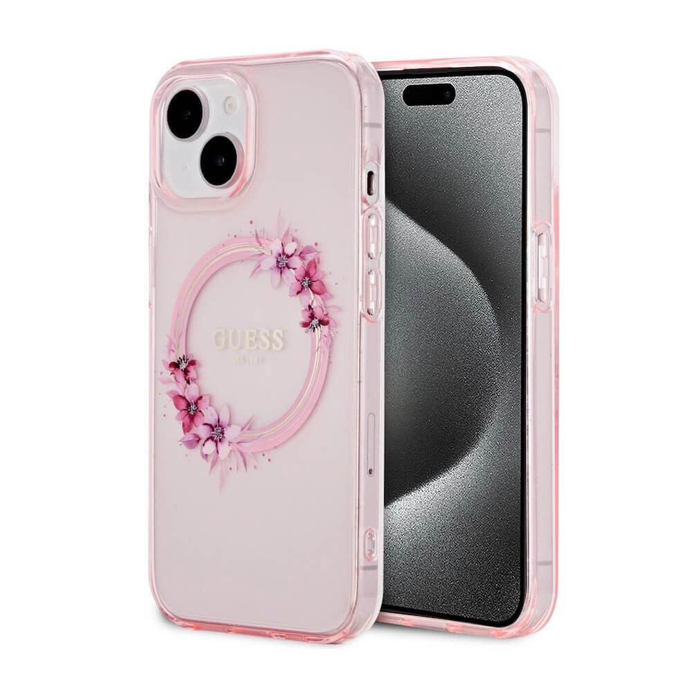 Хибриден удароустойчив кейс с MagSafe за iPhone 15 - Guess Flowers Ring Glossy Logo MagSafe Case (розов-прозрачен) | JAR Computers Хибриден удароустойчив кейс с MagSafe за iPhone 15 - Guess Flowers Ring Glossy Logo MagSafe Case (розов-прозрачен)