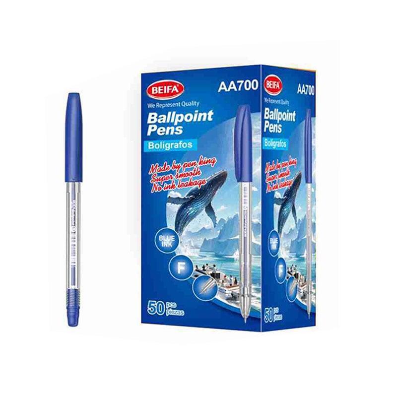 Beifa Химикалка AA700-50B2, 0.7 mm, прозрачна, синьо мастило, 50 броя