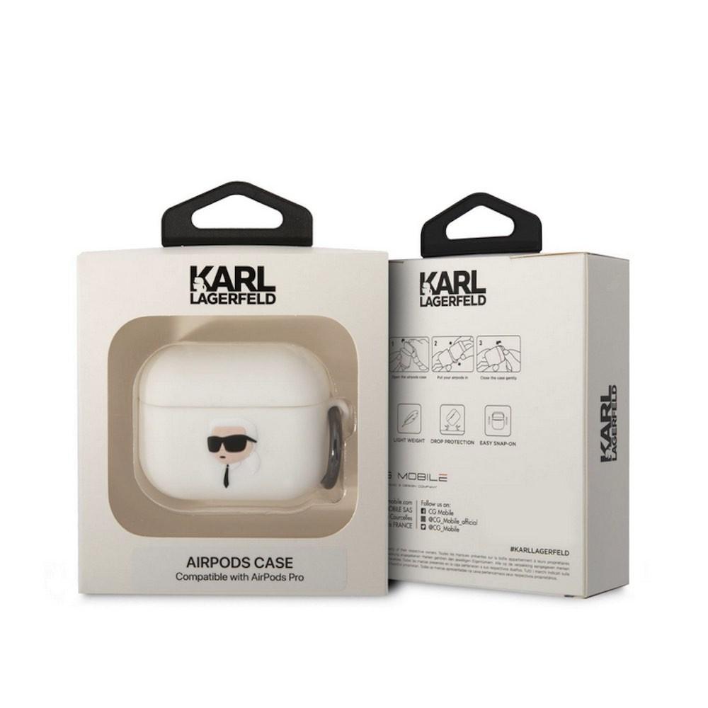 Силиконов калъф с карабинер за Apple AirPods Pro - Karl Lagerfeld AirPods Pro 3D Logo NFT Karl Head Silicone Case (бял) | JAR Computers Силиконов калъф с карабинер за Apple AirPods Pro - Karl Lagerfeld AirPods Pro 3D Logo NFT Karl Head Silicone Case (бял)